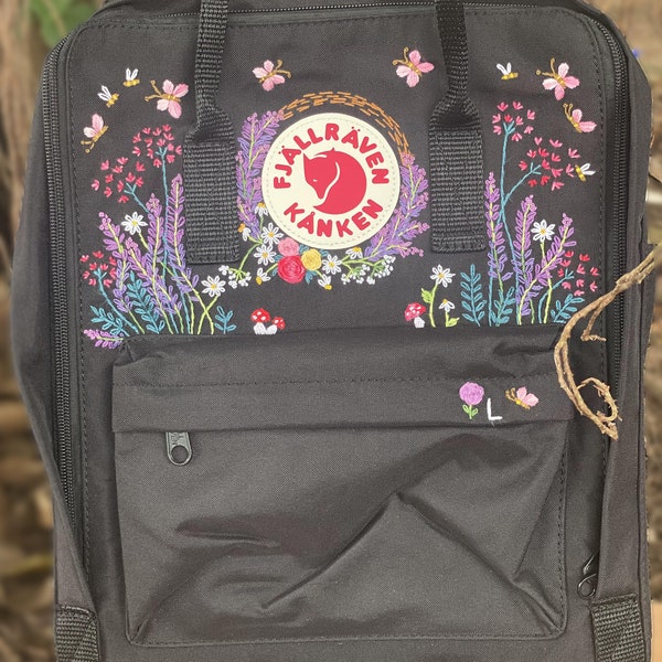 Fjallraven kanken bag with lavender and butterfly embroidery/Lavender and butterfly embroidery design on fjallraven kanken backpack