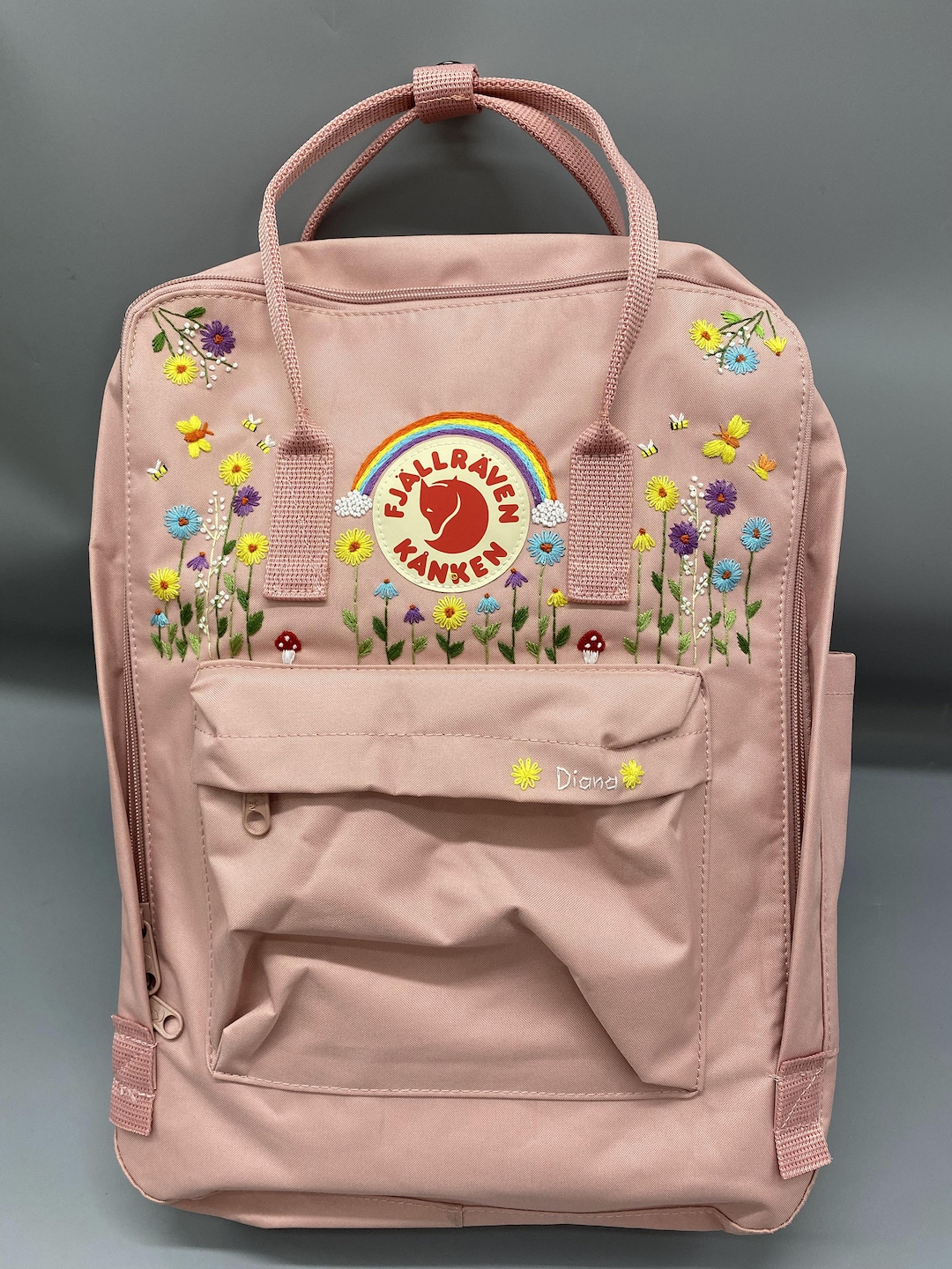 Fjallraven Kanken Backpack Embroidered With Forest Flowers and Rainbows custom Hand Embroidered Flowers and Rainbows With Kanken Backpack Etsy