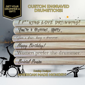 Baquetas personalizadas grabadas con láser, hechas en Estados Unidos, de nogal, regalo para bateristas.