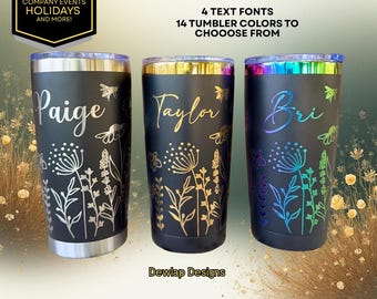 Personalized Floral Tumbler, Laser Engraved Stainless Steel Cup