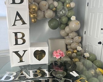 Baby Shower Balloon Boxes: Gold & Silver Letters, Heart Symbol (5-Piece Set)