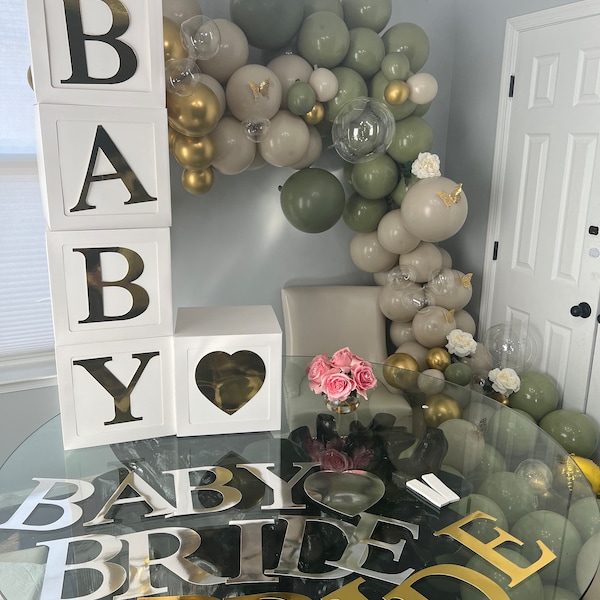 Baby bridal shower balloon boxes opaque 5 PCs white boxes with Gold and Silver BABY letters, Gold and Silver BRIDE letters plus heart symbol