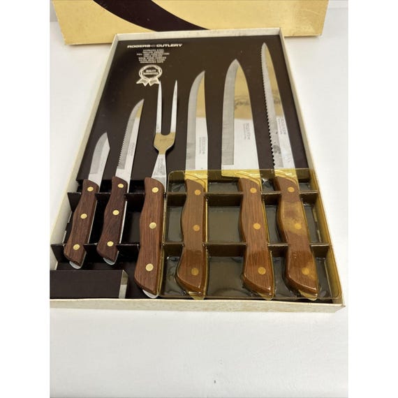 Vintage Rogers Cutlery 6 Piece Wood Handle Knife Cutlery Set Japan