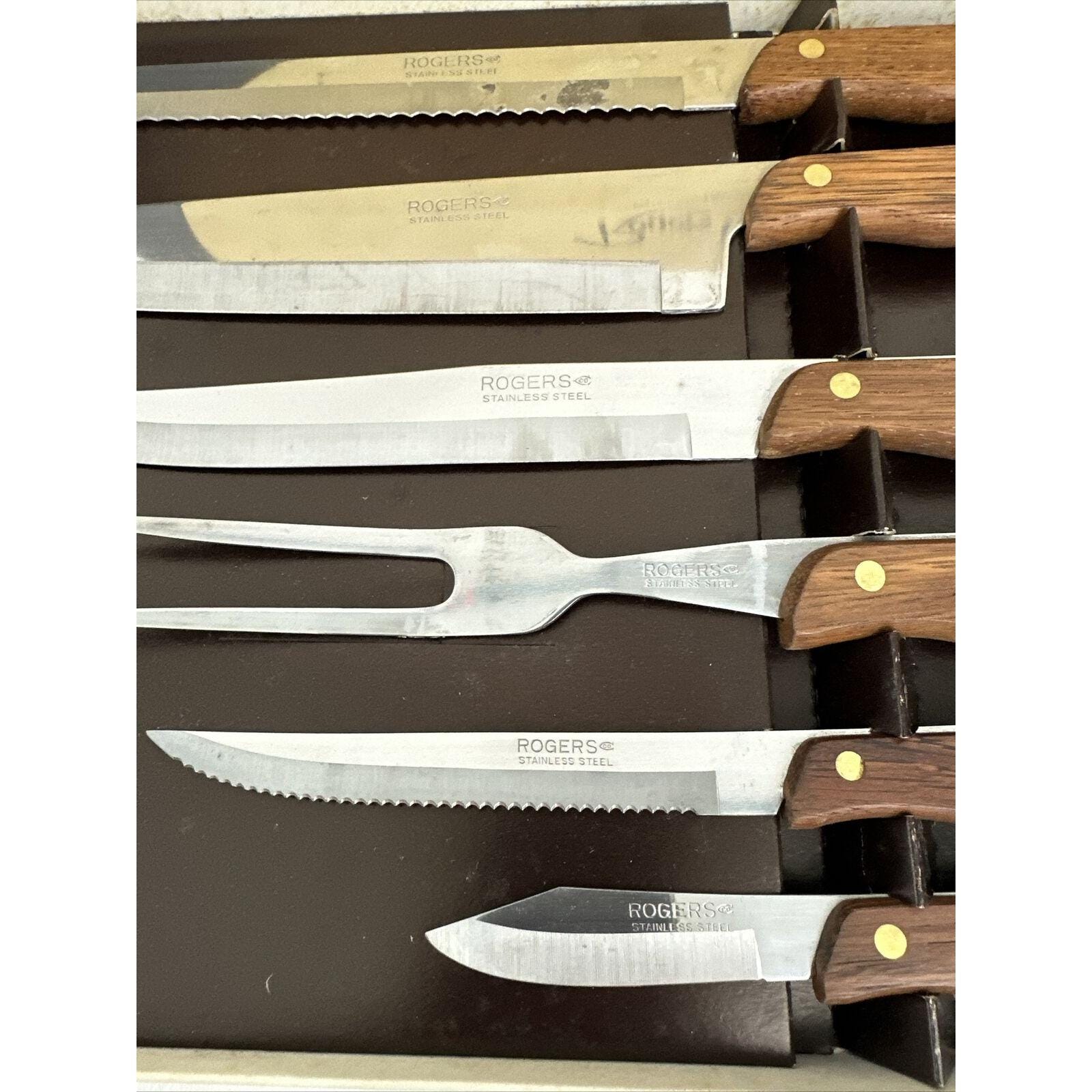 Vintage Rogers Cutlery 6 Piece Wood Handle Knife Cutlery Set Japan