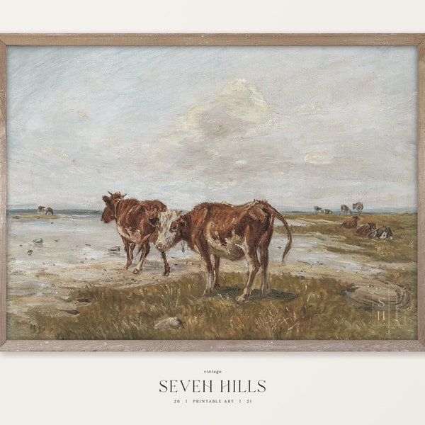 Vintage Farm Animals Oil Painting, Cattle Print, Cow Farmhouse Wall Art Digital Download | #215
