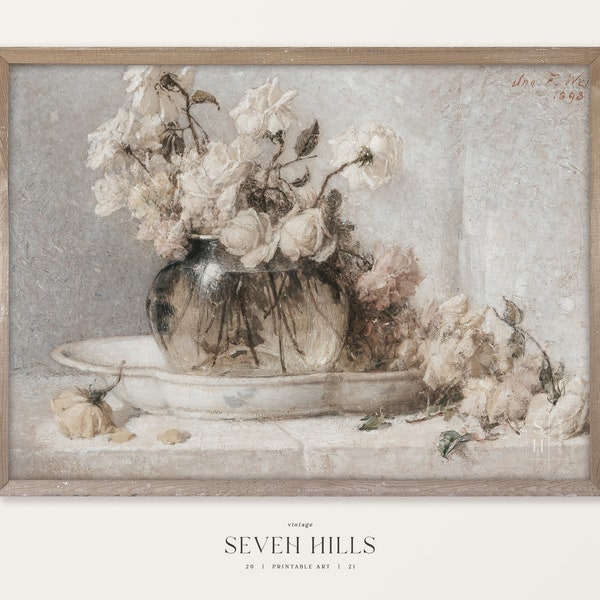 Flowers Vase Wall Art, Farmhouse Still Life Painting, Neutral Floral Digital Print | #376