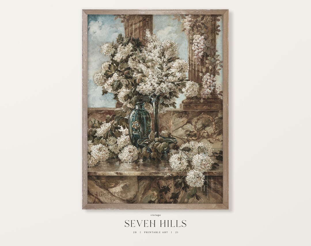 Flowers Vase Oil Painting, Antique Floral Wall Art, Vintage Still Life