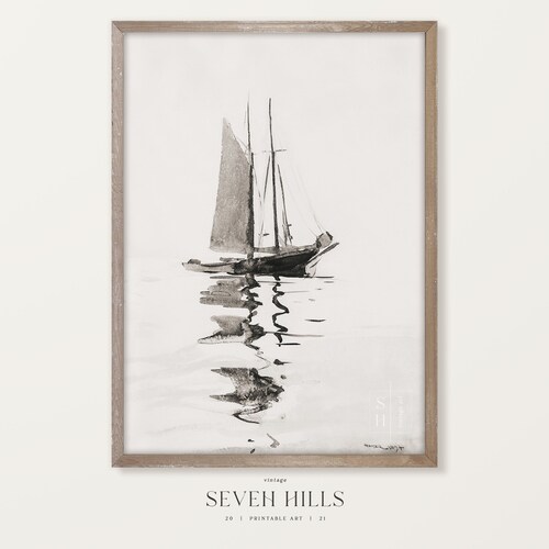 Coastal Sketch Print Vintage Beach Painting Black and White Etsy