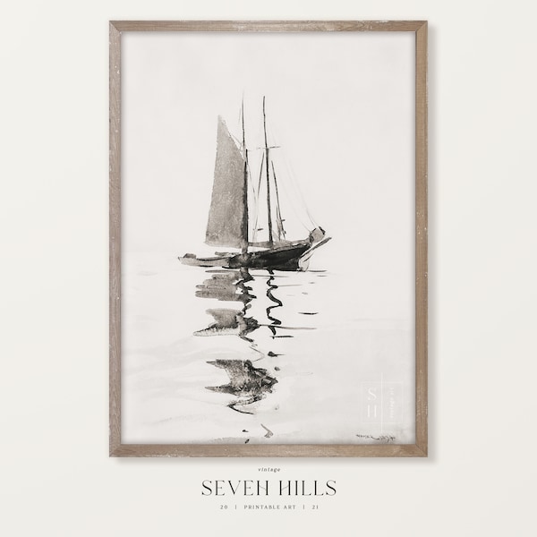 Boot Skizze Malerei, Vintage Nautische Aquarell Druck, schwarz und weiß digitaler Download | 248