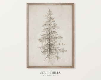 Pine Tree Sketch, Printable Vintage Painting, Vertical Countryside Wall Decor, Digital Download | #267