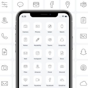 Pode incluir: Tela de smartphone exibindo ícones de aplicativos, incluindo Câmera, Fotos, Safari e Amazon. Os aplicativos estão dispostos em uma grade em um fundo branco. O horário 9.29 é exibido no topo.