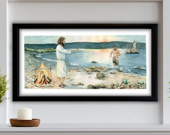 Jesus Meets Disciples on the Shore Watercolor Print
