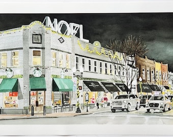 Watercolor Print of Downtown Franklin, TN  Titled "Noel Over Franklin"