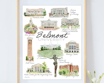 Belmont University, Nashville TN, Watercolor Campus Art Print