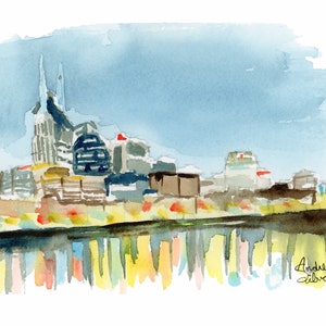 Nashville Skyline at Night Watercolor Print