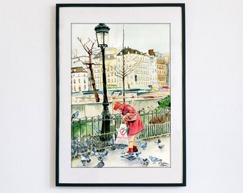 Watercolor Print Paris, France Woman with Birds "Feed the Birds"
