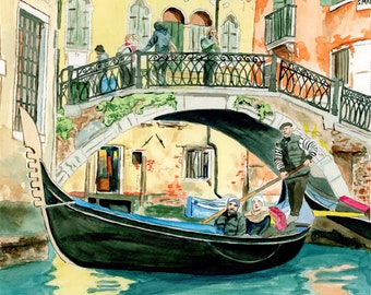 Watercolor Print Venice, Italy Gondola Ride "Passing Through Venice"