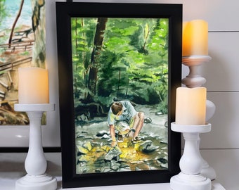 Watercolor Print of Creek in the Forest "Treasure Hunt"