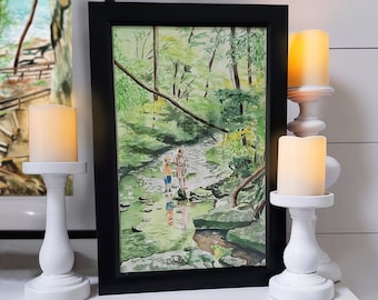 Watercolor Print of Children Playing in Forest Creek "Youth's Spirit"