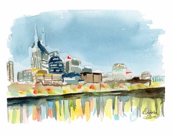 Nashville Skyline at Night Watercolor Print