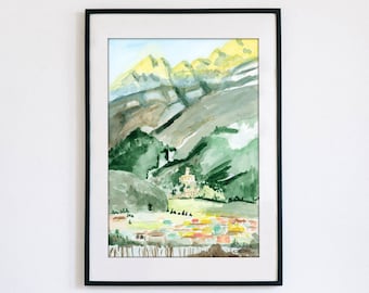 Watercolor Print Bavarian Alps Austria "Castle in the Hills"