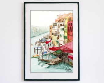 Watercolor Print Venice Grand Canal Rialto Bridge with Gondolas "Parking in Venice"