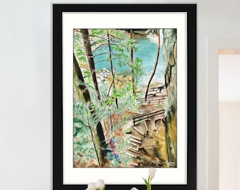 Watercolor Print Hiking to Waterfall "Sapphire Depths"