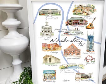 Nashville, Tennessee Watercolor City Art Print