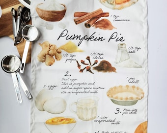 Pumpkin Pie Recipe Hand-Painted Watercolor Tea Towel