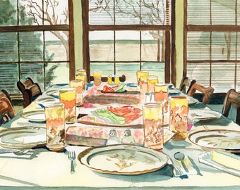 Watercolor Tablescape Still Life Print "Memories Gather"