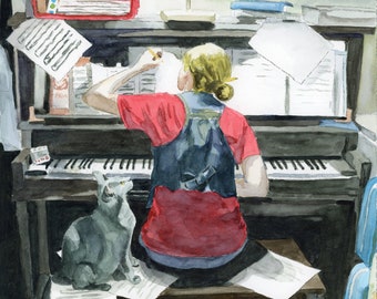 Watercolor Print of Piano Player with Cat "The Musician"
