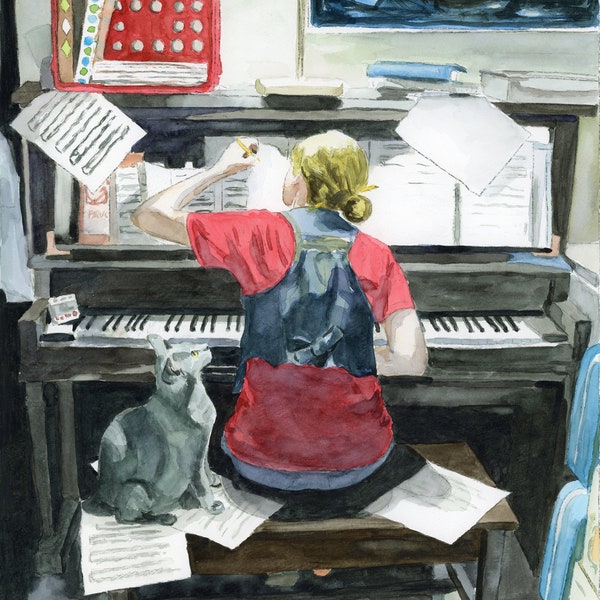 Watercolor Print of Piano Player with Cat "The Musician"