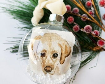 Custom Watercolor Hand-Painted Pet Portrait Inside Glass Ornament Bauble