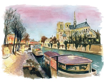 Watercolor Print Paris Notre Dame on The Seine "Dusk Touches Notre Dame"