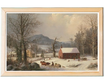 Samsung Frame TV Art Digital Download / Red School House, Escena campestre, Rural, Invierno, Nieve, Pintura victoriana vintage del siglo XIX