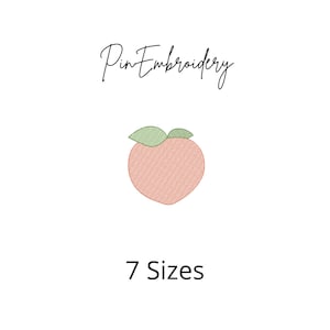 May include: Peach embroidery design in 7 sizes. The peach is pink with a green leaf. The text "Pin Embroidery" is above the peach and the text "7 Sizes" is below the peach.