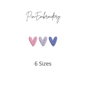 Könnte beinhalten: Drei gestickte Herzen in Rosa, Lila und Blau. Die Herzen sind in einer Reihe angeordnet. Der Text "Pin Embroidery" und "6 Sizes" befindet sich unter den Herzen.