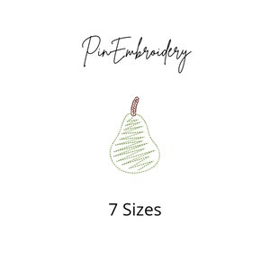 May include: A green pear with a brown stem, outlined in brown stitching. The text "Pin Embroidery" is above the pear and "7 Sizes" is below the pear.