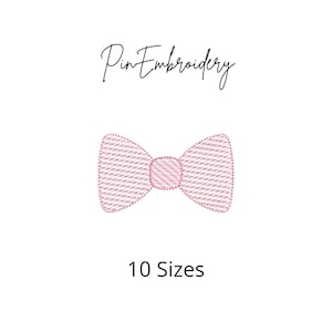 May include: Pink bow tie embroidery design with 10 sizes available.  Pin Embroidery.