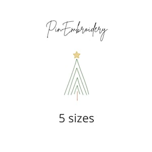 May include: Pin embroidery design of a green Christmas tree with a gold star on top. The text "Pin Embroidery" and "5 sizes" are below the tree.