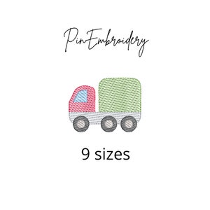 Puede incluir: Un diseño de bordado de camión rojo y verde con el texto "Pin Embroidery" y "9 tamaños".