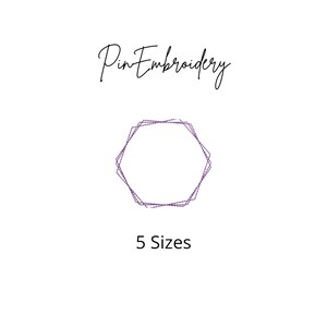May include: White background with the text "PinEmbroidery" in cursive script. Below the text is a purple geometric shape with a stitched appearance. The text "5 Sizes" is below the shape.