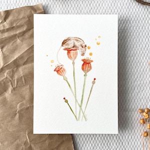 Illustrated card with wildflower mice - soft and poetic country watercolor, handmade stationery, birth gift, wall decoration