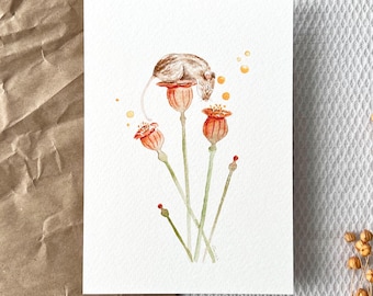 Carte illustrée souris fleurs sauvages- aquarelle champêtre douce et poétique, papeterie artisanale, cadeau de naissance, décoration murale