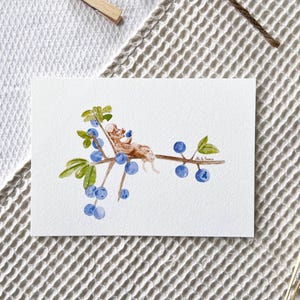 Carte illustrée "Cueillette de myrtilles" – Aquarelle douce printanière, carte poétique, papeterie cottagecore, illustration cosy