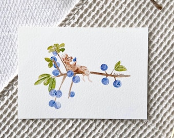 Carte illustrée "Cueillette de myrtilles" – Aquarelle douce printanière, carte poétique, papeterie cottagecore, illustration cosy
