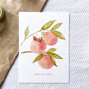 Carte illustrée "Sweet as a peach" – Aquarelle douce et fruitée avec souris, carte poétique, papeterie cottagecore, illustration cosy pêches