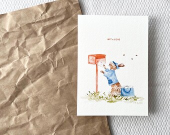 Tarjeta ilustrada con un conejo y un mensaje de amor: acuarela campestre suave y poética, papelería hecha a mano, regalo para ella, tarjeta de San Valentín.