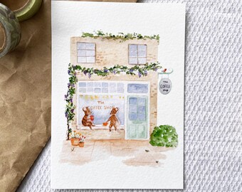 Illustrierte Karte "Coffee Shop" - Sanftes Aquarell mit Tieren, poetische Karte, Cottagecore-Briefpapier, gemütliche Illustration