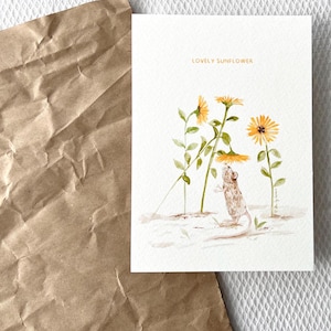 Carte illustrée tournesols et souris- aquarelle champêtre douce et poétique, papeterie artisanale, cadeau d'anniversaire, décoration murale